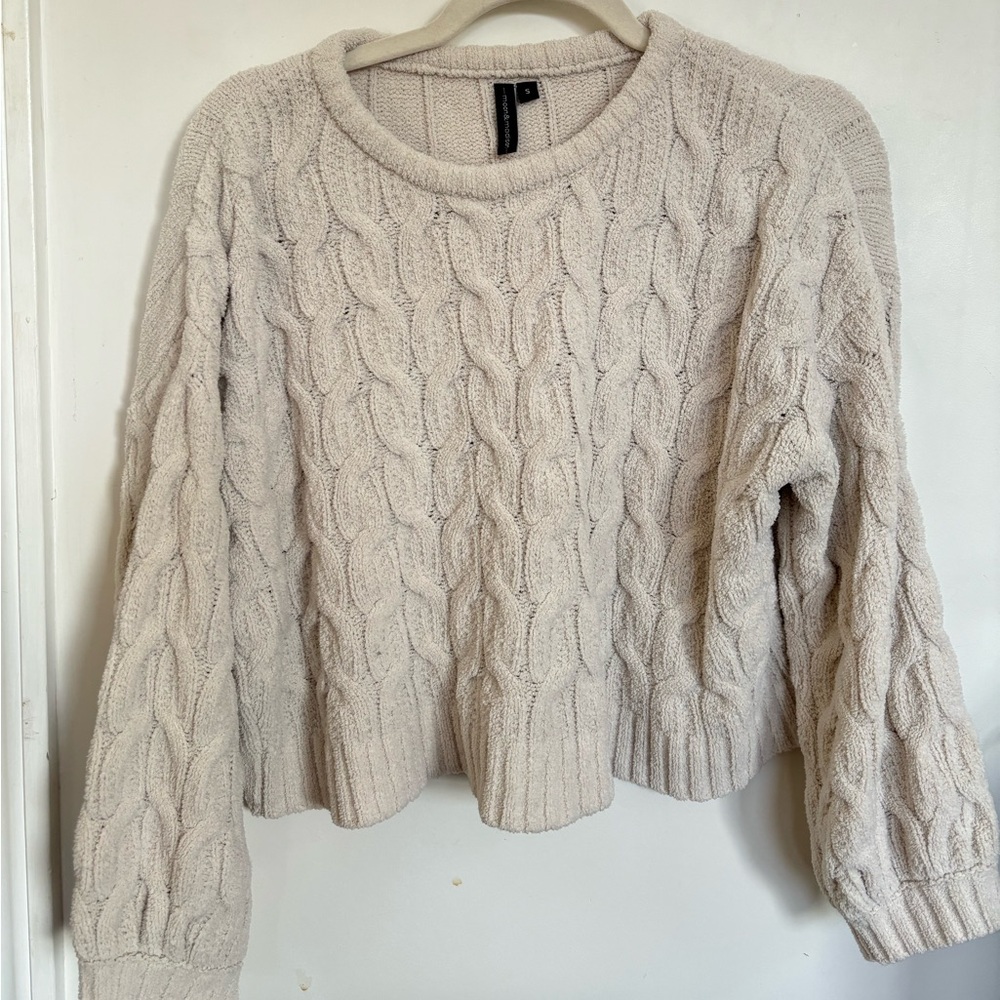Cream Crop Top Cable Knit-Style Sweater